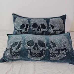 Magaschoni Home NWT Skull Rhinestone Blue Velvet Cushion Pillow 24 x 12 Inches